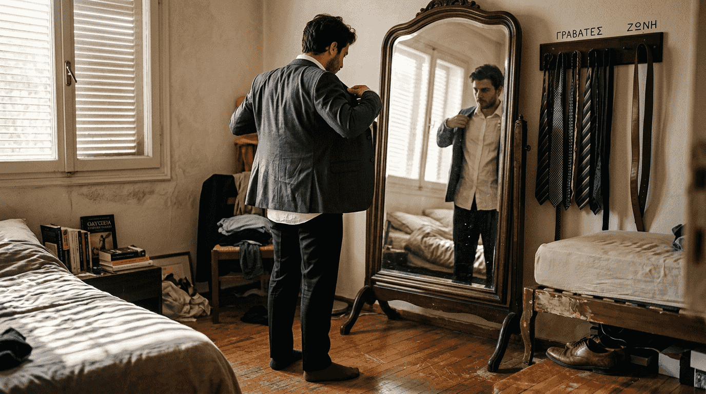 Ένας άνδρας στέκεται μπροστά στον καθρέφτη και φροντίζει να στρώσει το σακάκι του, προσπαθώντας να το προσαρμόσει τέλεια στο σώμα του.