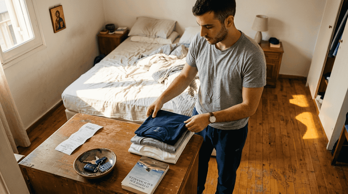 Ένας άνδρας τακτοποιεί τα βασικά του μπλουζάκια πάνω στη συρταριέρα του.