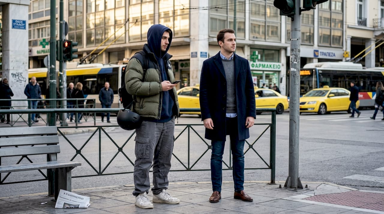 Δύο άντρες με μοντέρνο streetwear look και άνετα, καθημερινά layers