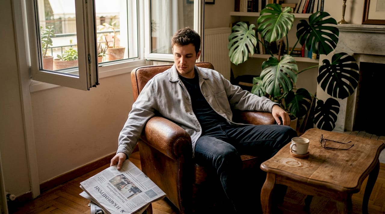 Ένας νεαρός άνδρας με χαλαρό βαμβακερό σακάκι χαλαρώνει στο σαλόνι.