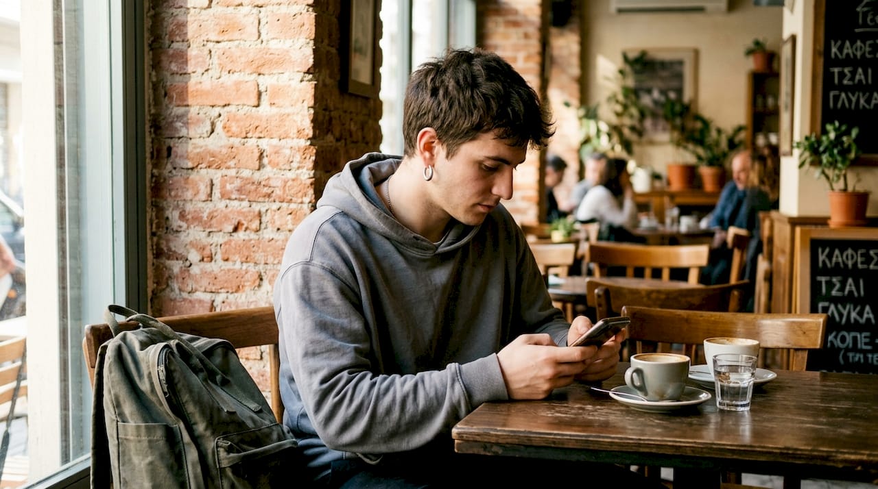 Ένας άντρας με εντυπωσιακό σκουλαρίκι κάθεται σε ένα καφέ, τραβώντας τα βλέμματα γύρω του.