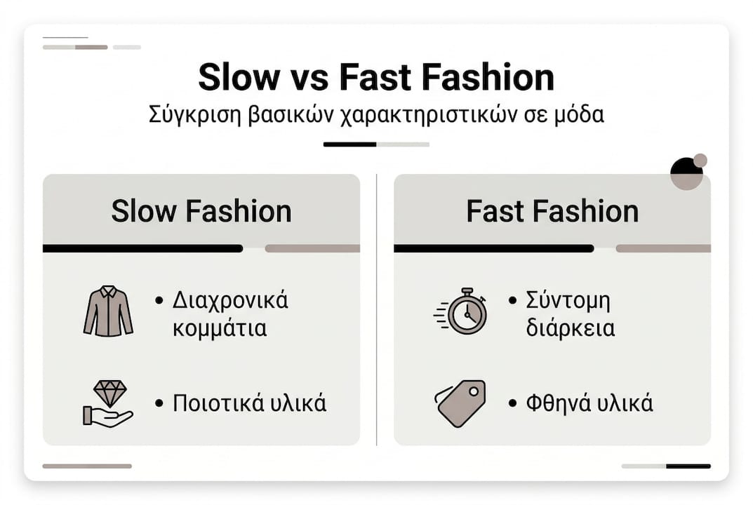 Γραφικό που αναδεικνύει τις βασικές διαφορές ανάμεσα στη slow fashion και τη fast fashion