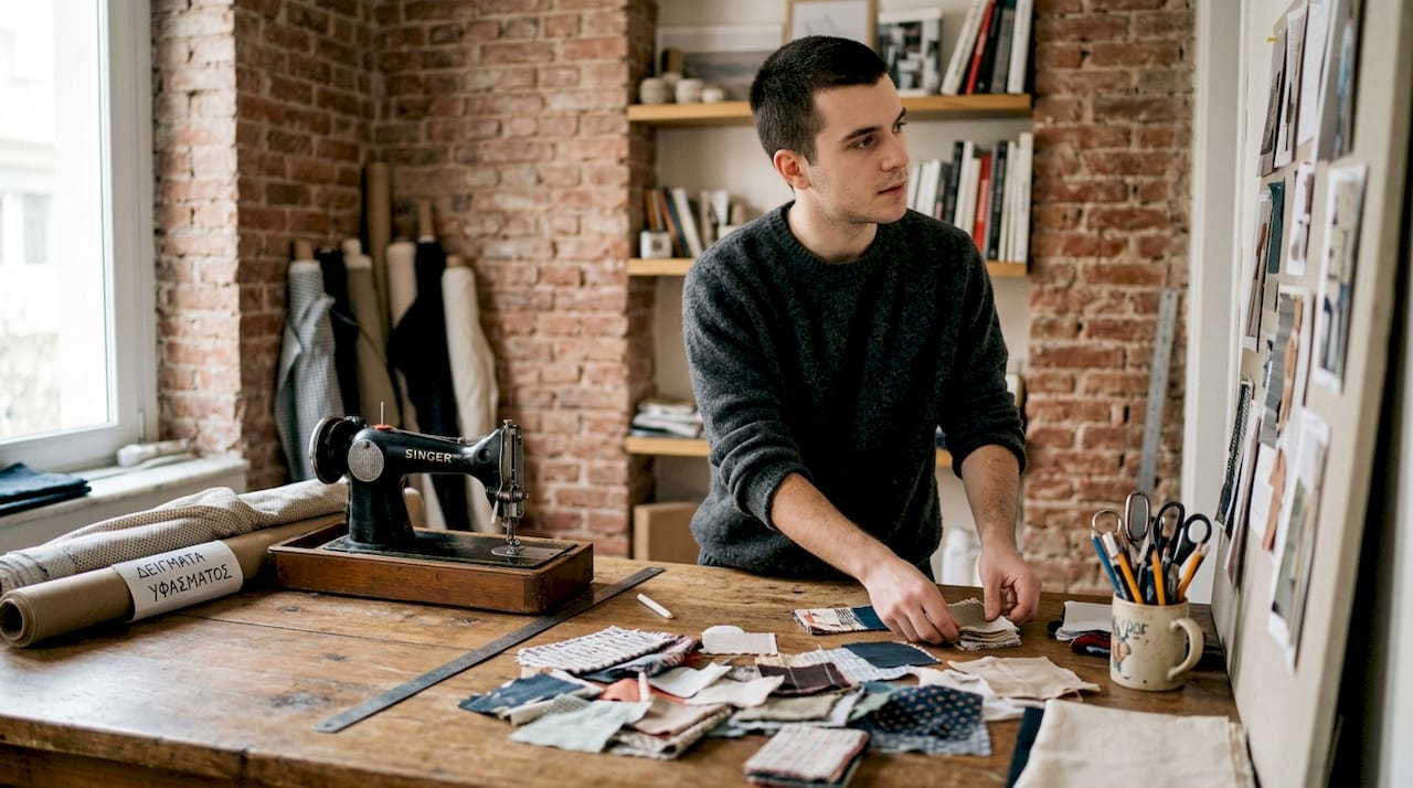 Μια σχεδιάστρια μόδας τακτοποιεί υφάσματα στο ατελιέ της στην Αθήνα, επιλέγοντας χρώματα και υφές για τη νέα της συλλογή.