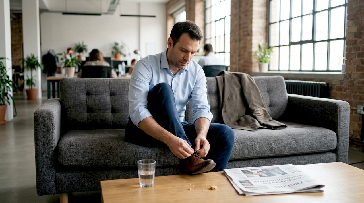 Ένας άνδρας με κομψό αλλά χαλαρό ντύσιμο κάθεται στο σαλόνι και δένει τα κορδόνια των παπουτσιών του.