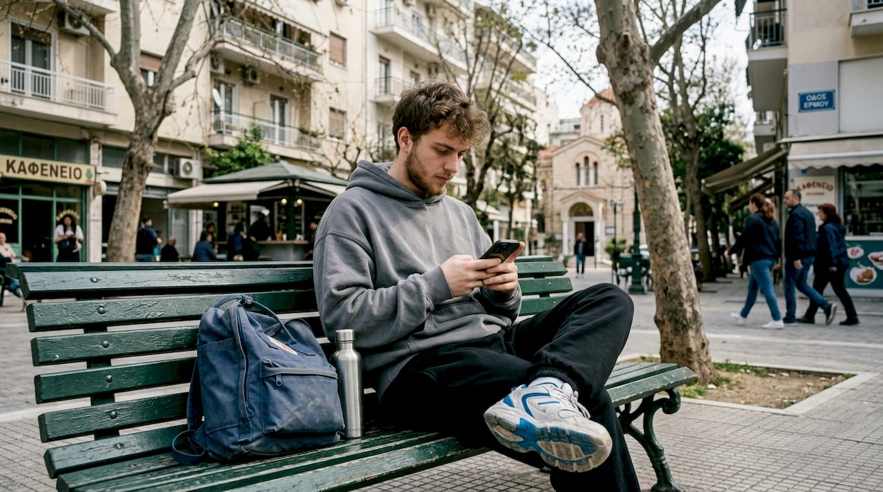 Ένας νεαρός της Generation Z κάθεται χαλαρός φορώντας αθλητικά ρούχα του δρόμου, όπως τα συνηθίζουν οι νέοι σήμερα.