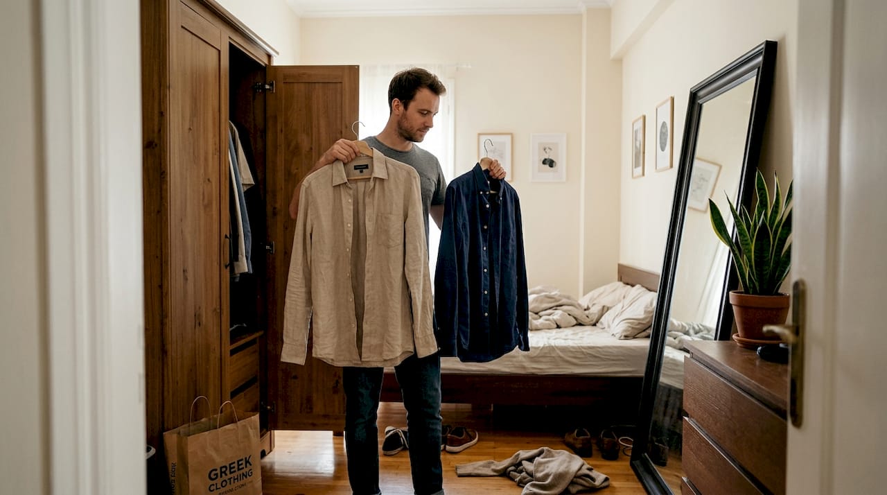 Ένας άνδρας δοκιμάζει ρούχα μπροστά στον καθρέφτη του υπνοδωματίου του, προσπαθώντας να διαλέξει το πιο μοντέρνο σύνολο για τη μέρα του.