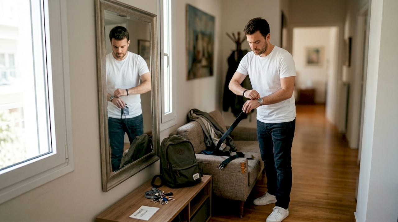 Ένας άνδρας δίνει στυλ στο απλό του ντύσιμο με αξεσουάρ.