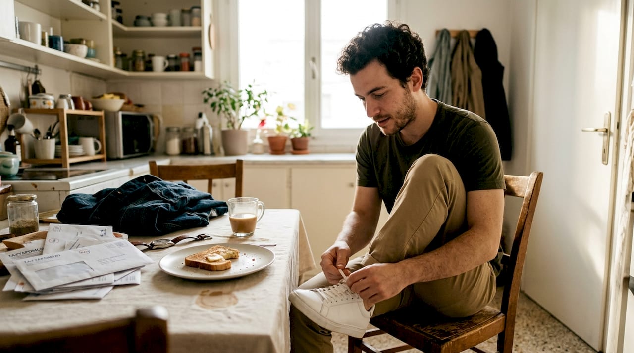 Ένας άντρας κάθεται στην κουζίνα και δένει τα κορδόνια στα αθλητικά του παπούτσια.