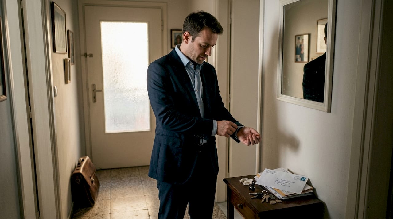 Ένας άνδρας διορθώνει το μάλλινο κοστούμι του στην είσοδο του σπιτιού του.