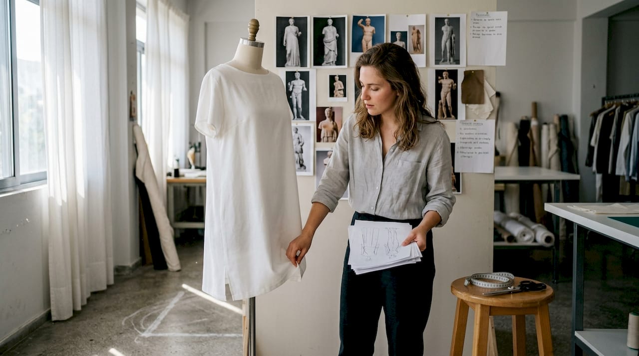 Σχεδιάστρια επιμελείται τη λεπτομέρεια μιας σύγχρονης τουνίκ πάνω σε κούκλα βιτρίνας.