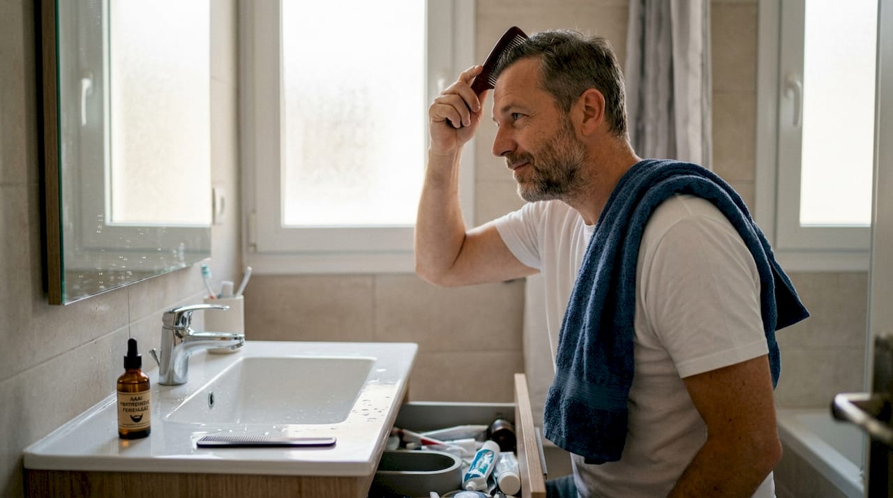 Ένας άνδρας περιποιείται τα μαλλιά του μπροστά στον καθρέφτη του μπάνιου.