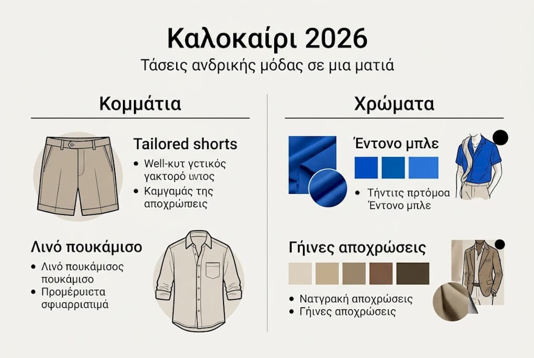 Μια μίνιμαλ απεικόνιση με τις βασικές τάσεις στη ανδρική μόδα για το καλοκαίρι του 2026.