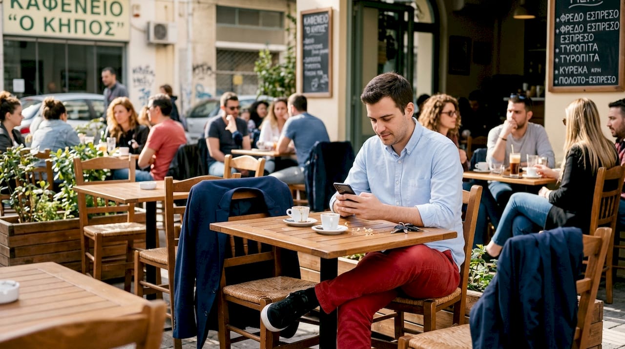 Στυλάτος άντρας με εκκεντρικό ντύσιμο απολαμβάνει τον καφέ του στο αγαπημένο του στέκι.
