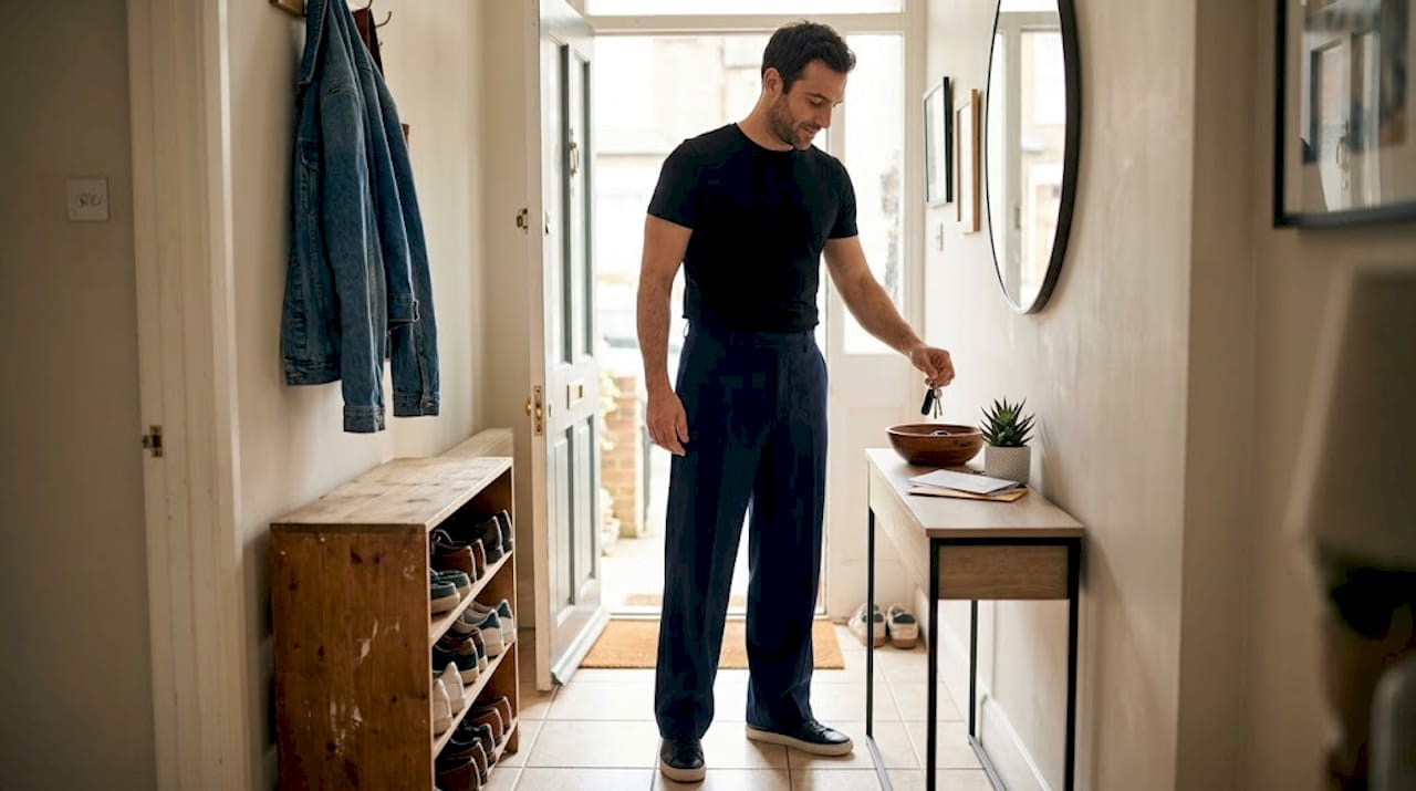 Ένας άνδρας μπαίνει στο σπίτι φορώντας εφαρμοστό μπλουζάκι και φαρδύ παντελόνι.