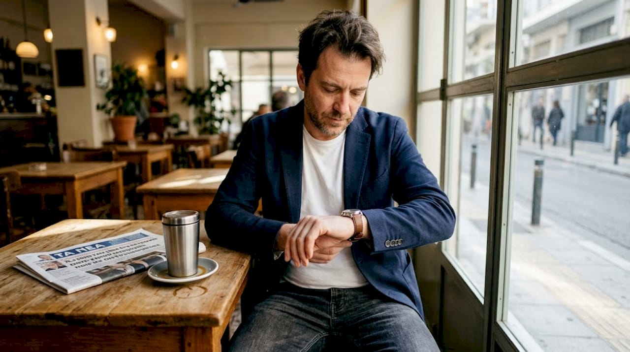Ένας άντρας κάθεται σε τραπέζι καφετέριας και ρυθμίζει το ρολόι του στον καρπό.