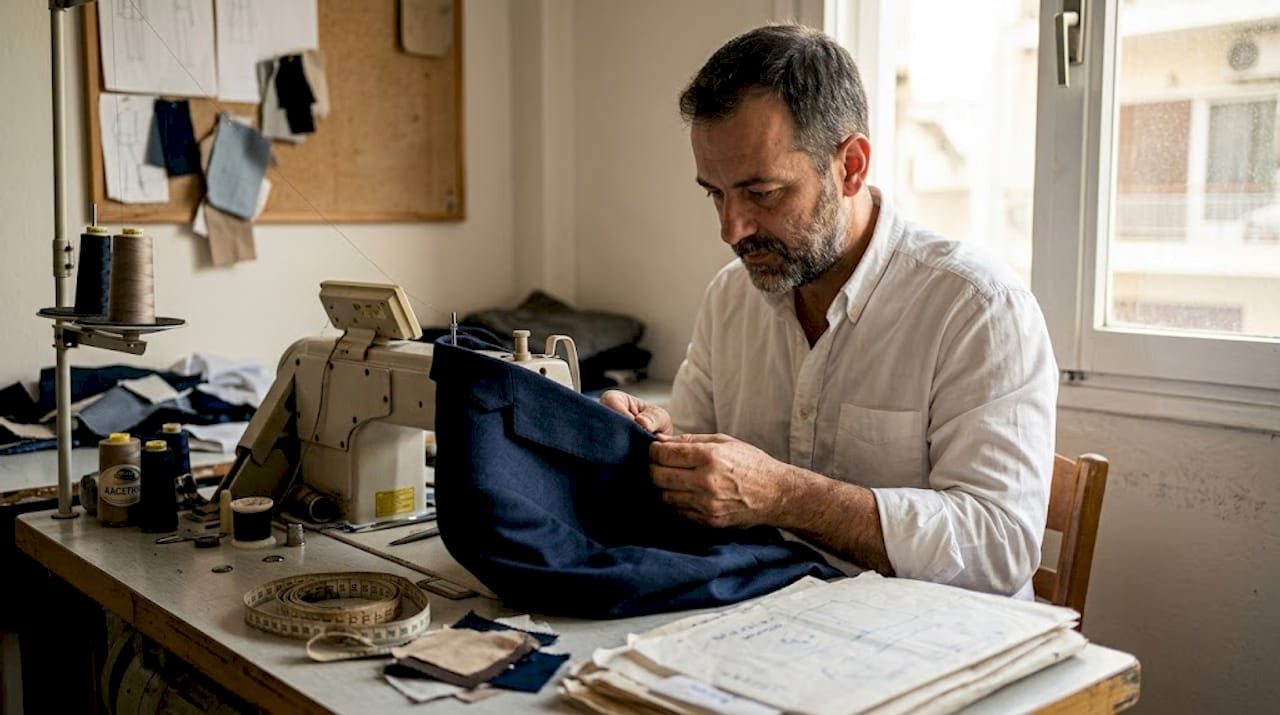 Ο σχεδιαστής εξετάζει προσεκτικά τη ραφή του κλασικού σακακιού, δίνοντας έμφαση στη λεπτομέρεια και την άψογη εφαρμογή.