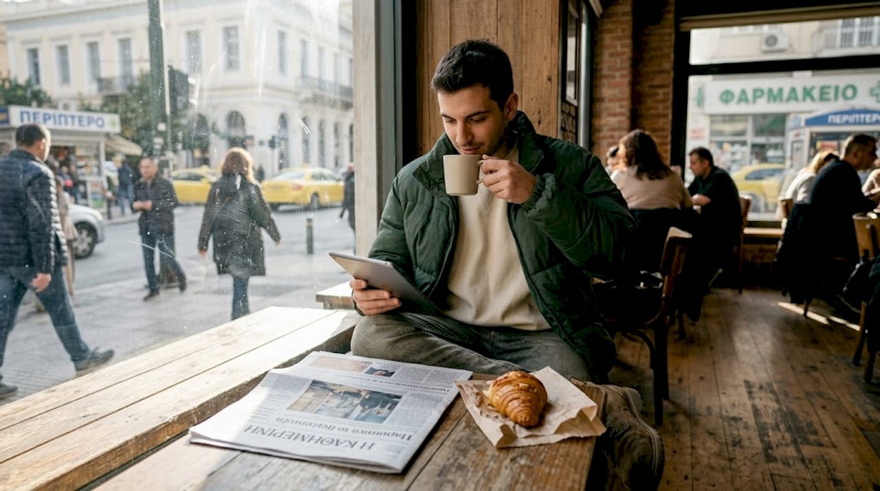 Νεαρός με στιλ φοράει φαρδύ μπουφάν σε καφετέρια