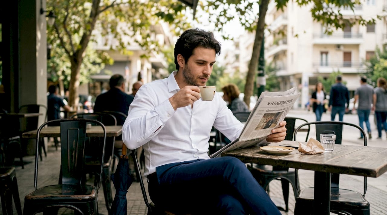 Ένας άνδρας με προσεγμένο ντύσιμο διαβάζει χαλαρά σε ένα τραπεζάκι καφετέριας.