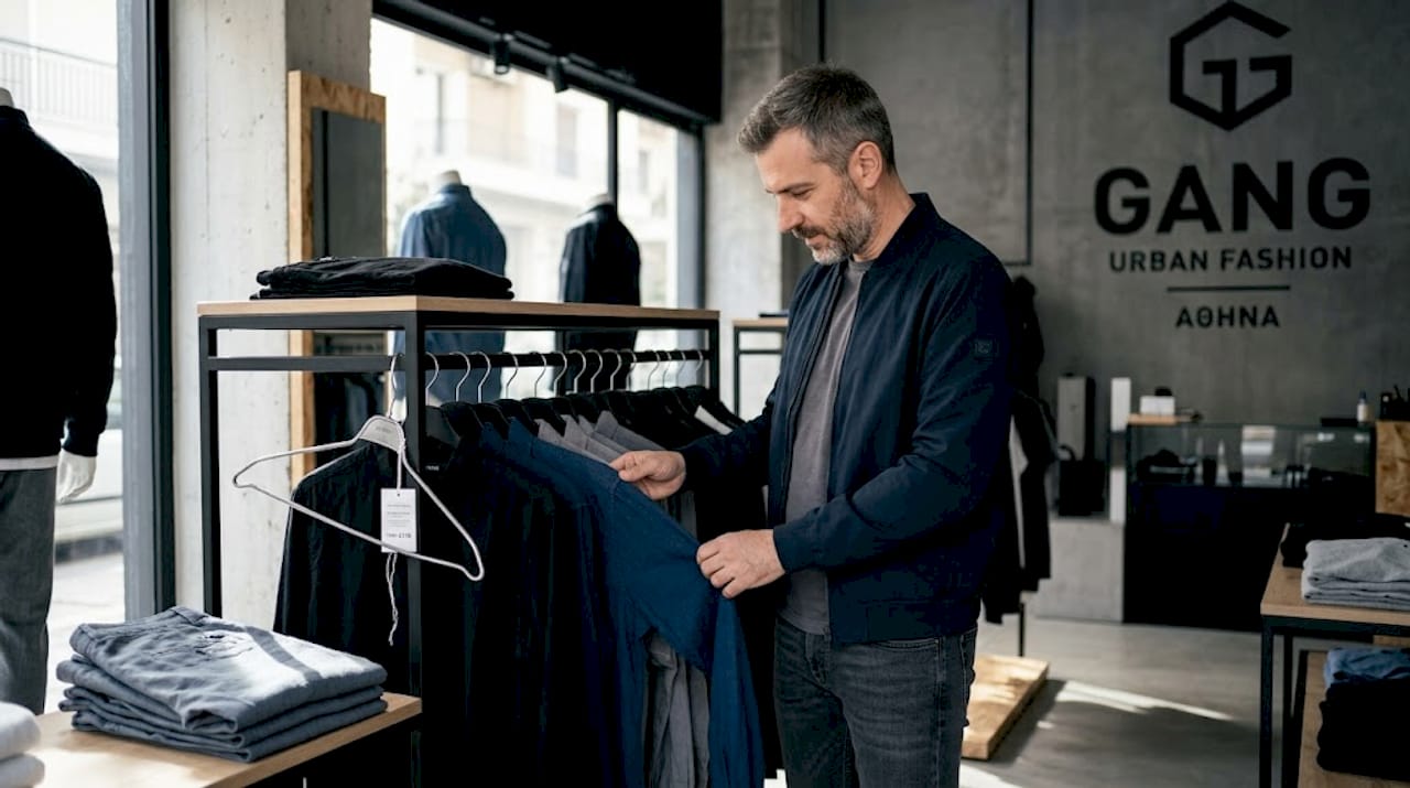 Ένας άνδρας κοιτάζει προσεκτικά τα πουκάμισα στο κατάστημα για να δει αν είναι ποιοτικά.