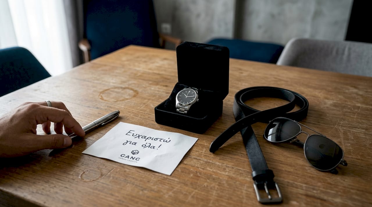Κομψό σετ δώρου για άνδρες με ρολόι χειρός και αξεσουάρ