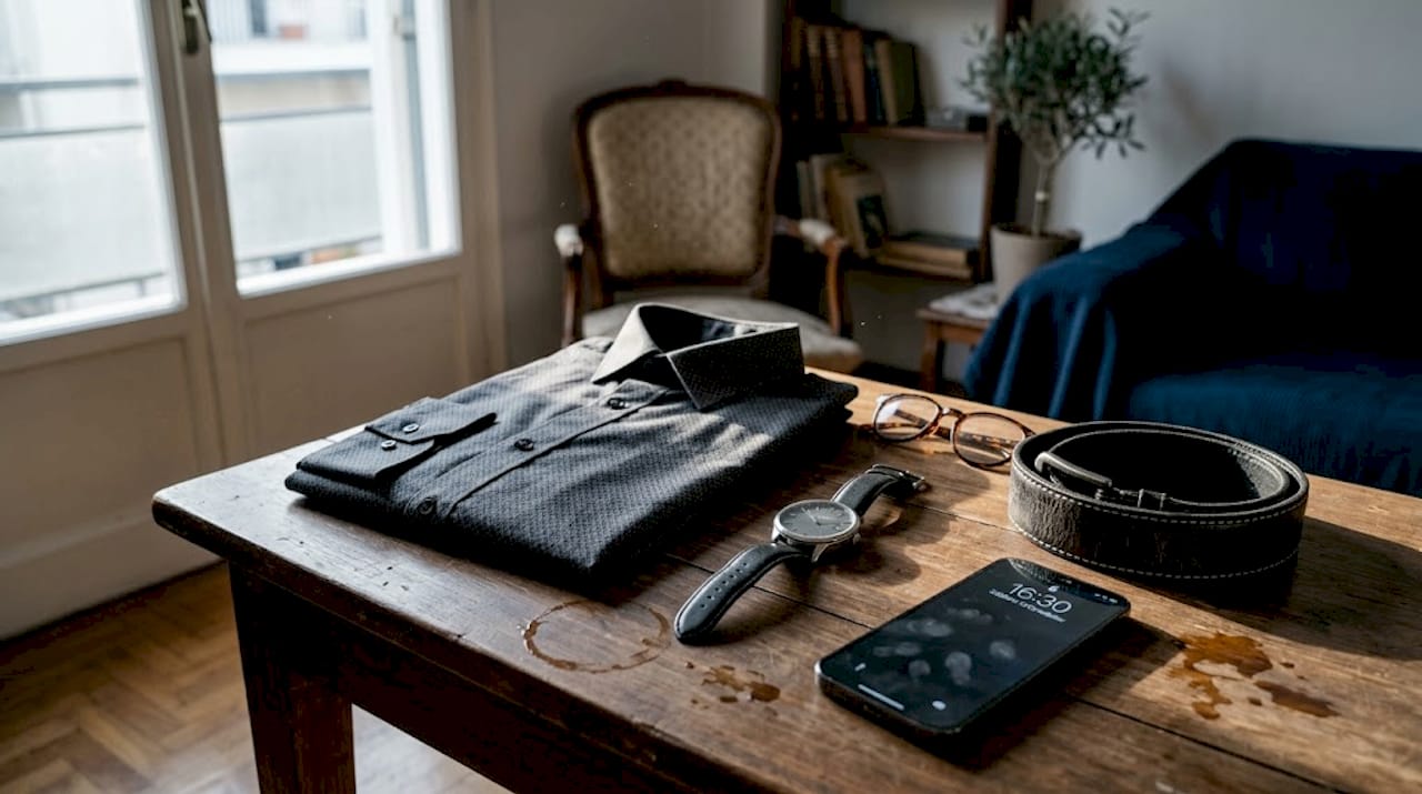 Κλασικά ανδρικά αξεσουάρ και πουκάμισο προσεκτικά τοποθετημένα πάνω στο τραπέζι