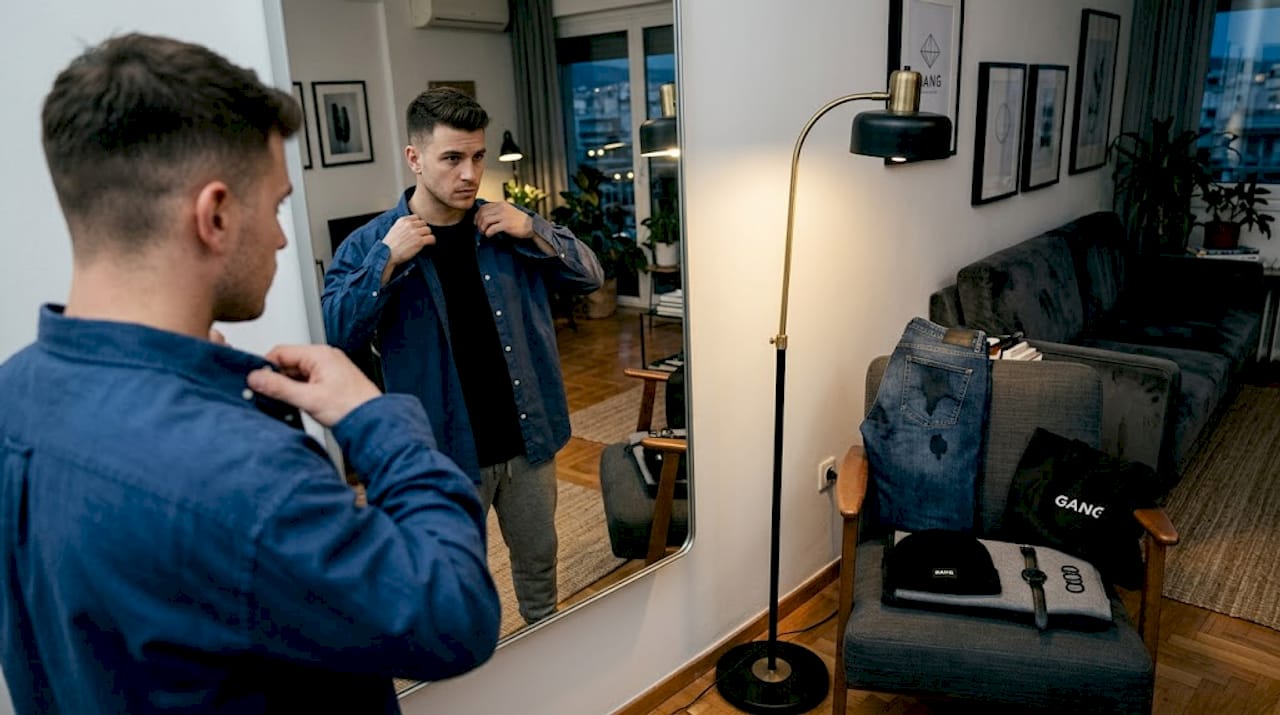 Ένας άνδρας δοκιμάζει ένα πουκάμισο και κοιτάζει στον καθρέφτη για να δει πώς του κάθεται.