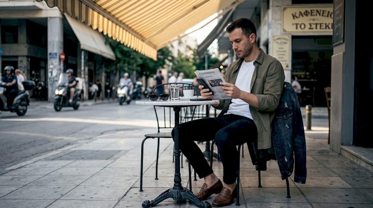 Ένας Έλληνας με στιλάτο ντύσιμο κάθεται σε καφετέρια.