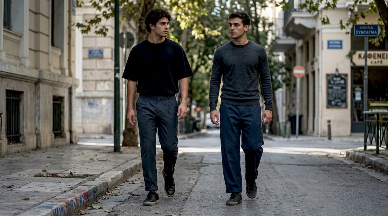 Οι Έλληνες άνδρες συχνά συνδυάζουν φαρδιά κομμάτια με πιο στενές γραμμές, δημιουργώντας ένα στιλάτο και ξεχωριστό look που ξεφεύγει από τα συνηθισμένα.
