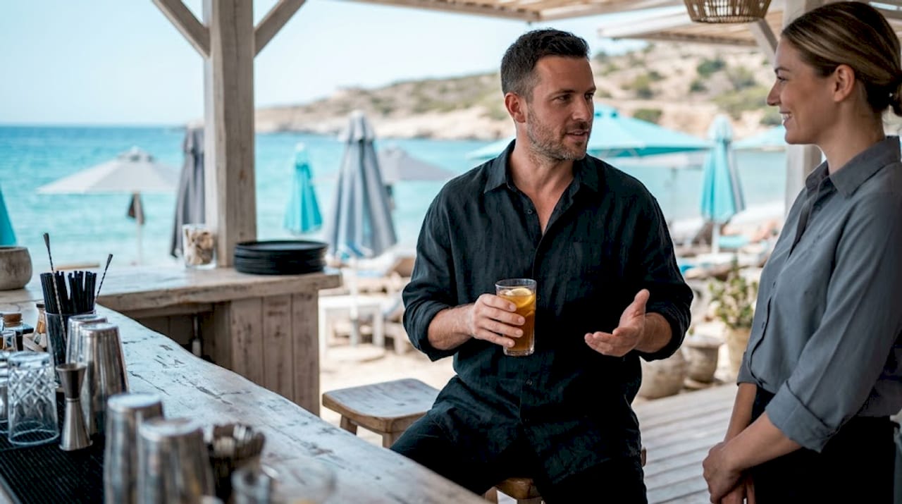 Άντρας απολαμβάνει το ποτό του σε beach bar, ντυμένος με αέρινο λινό πουκάμισο σε χαλαρή γραμμή.