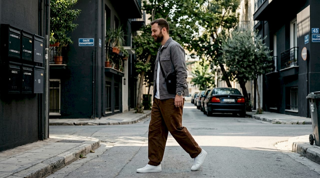 Ένας άνδρας με φαρδύ σακάκι περπατά χαλαρά στους δρόμους της πόλης.