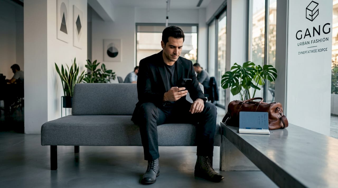 Άνδρας με ίσιο παντελόνι περπατά σε εξωτερικό χώρο