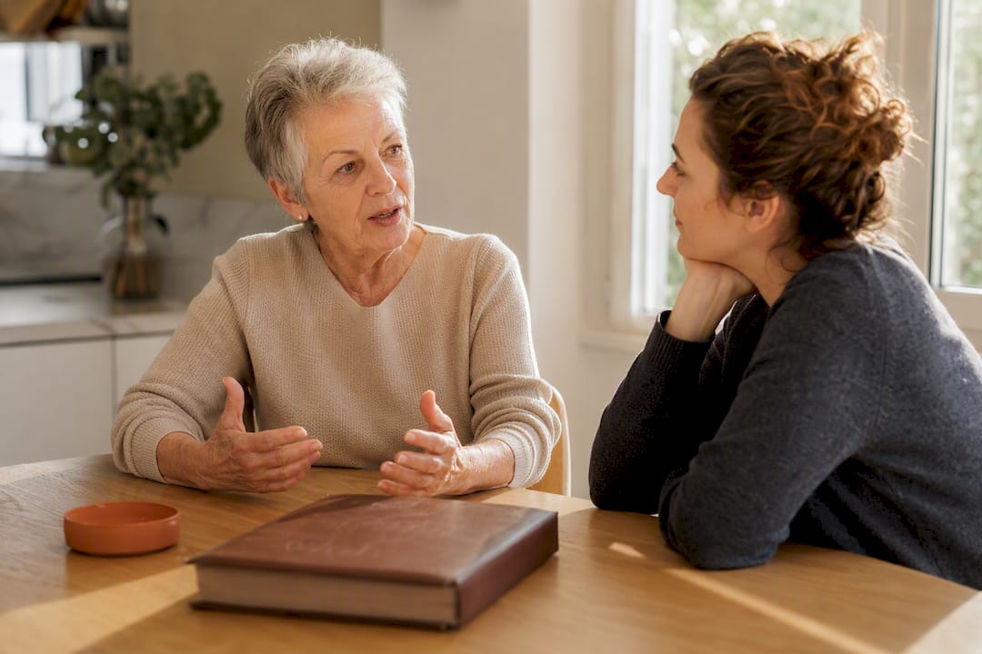 A woman listening as her mother talks about her life story