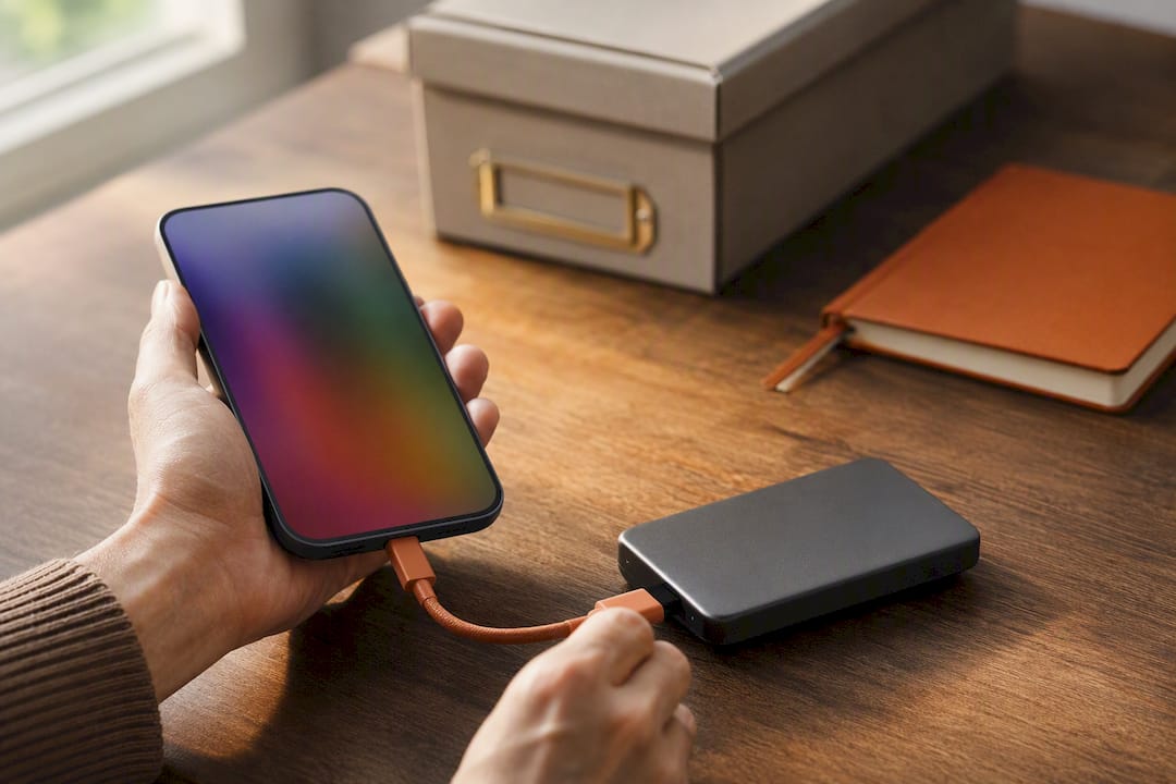 A smartphone connected to external storage, with an archive box and notebook beside it