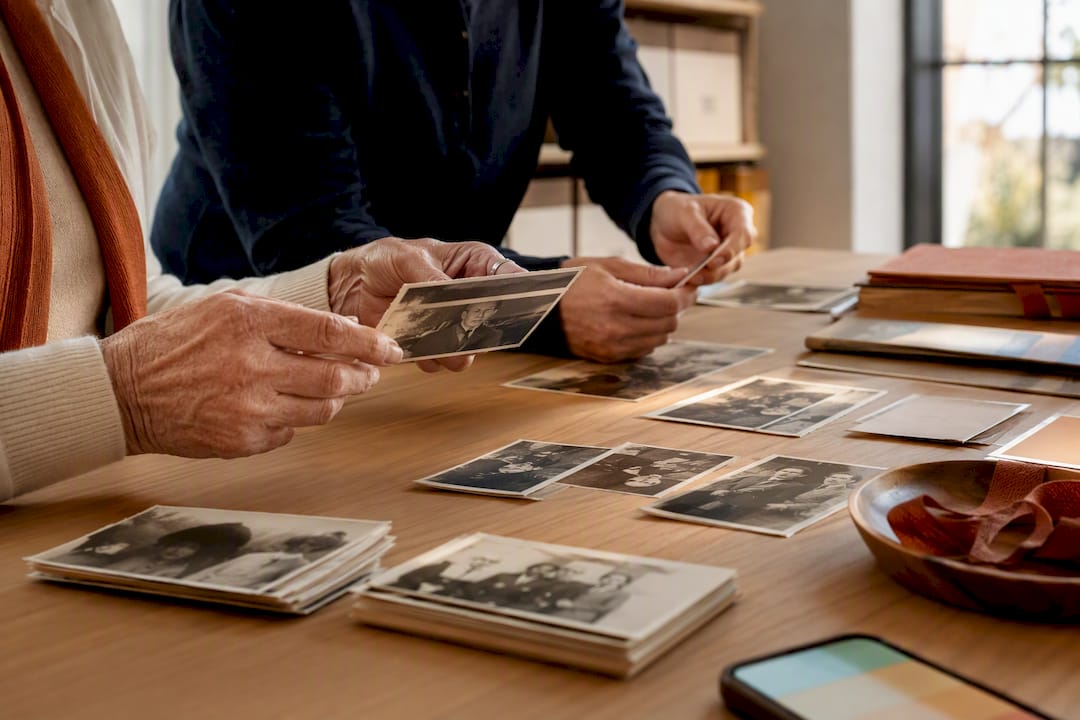 Two family members sorting old black-and-white photographs together at a table