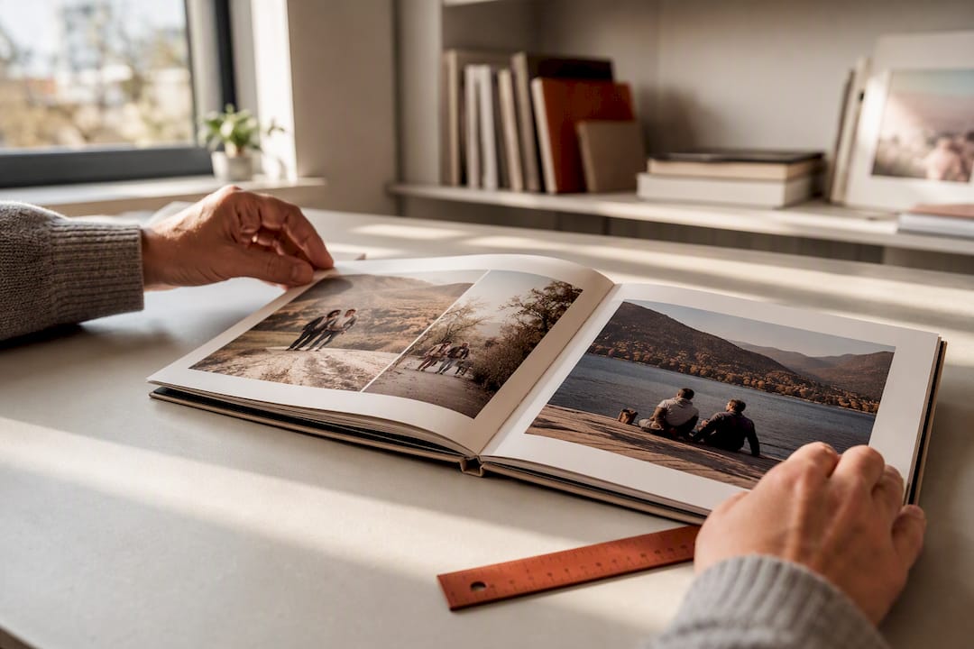 An open family photo book on a table as two hands align the pages