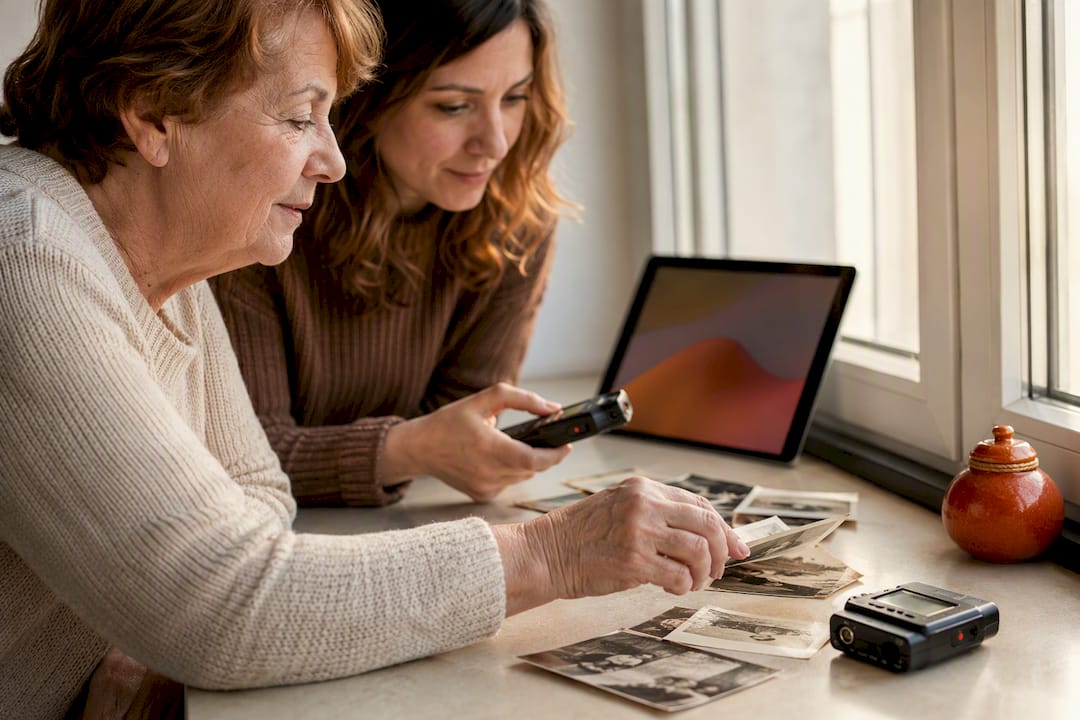 Several generations sit together and connect family photos with a voice recording.