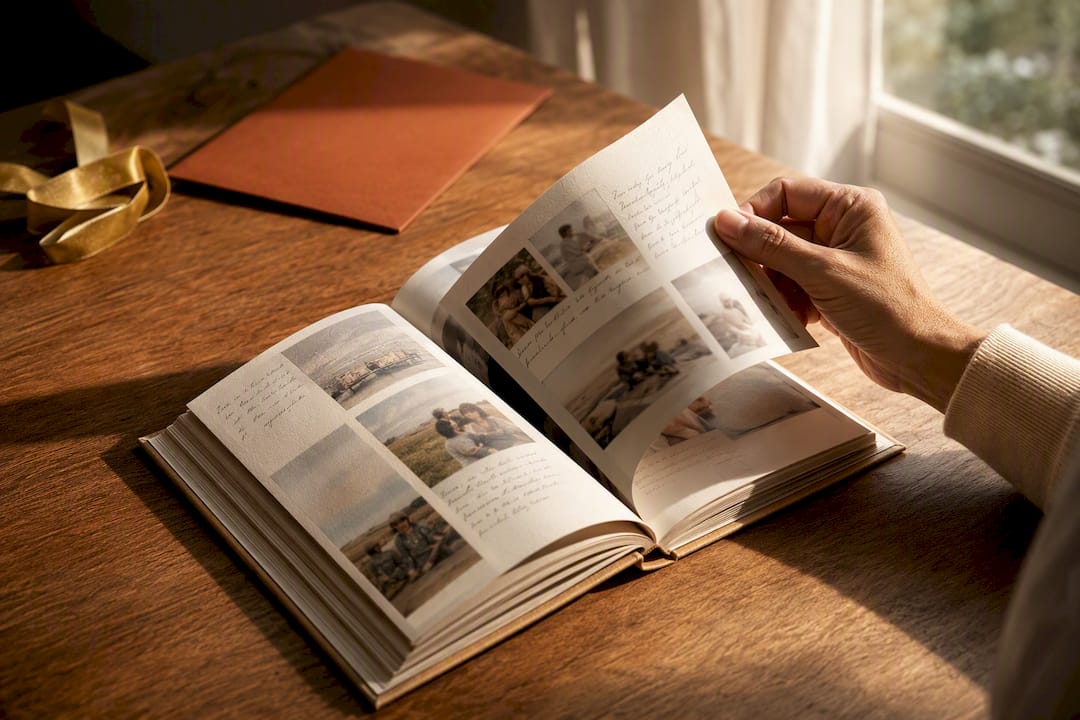 Open birthday memory book with keepsake pages