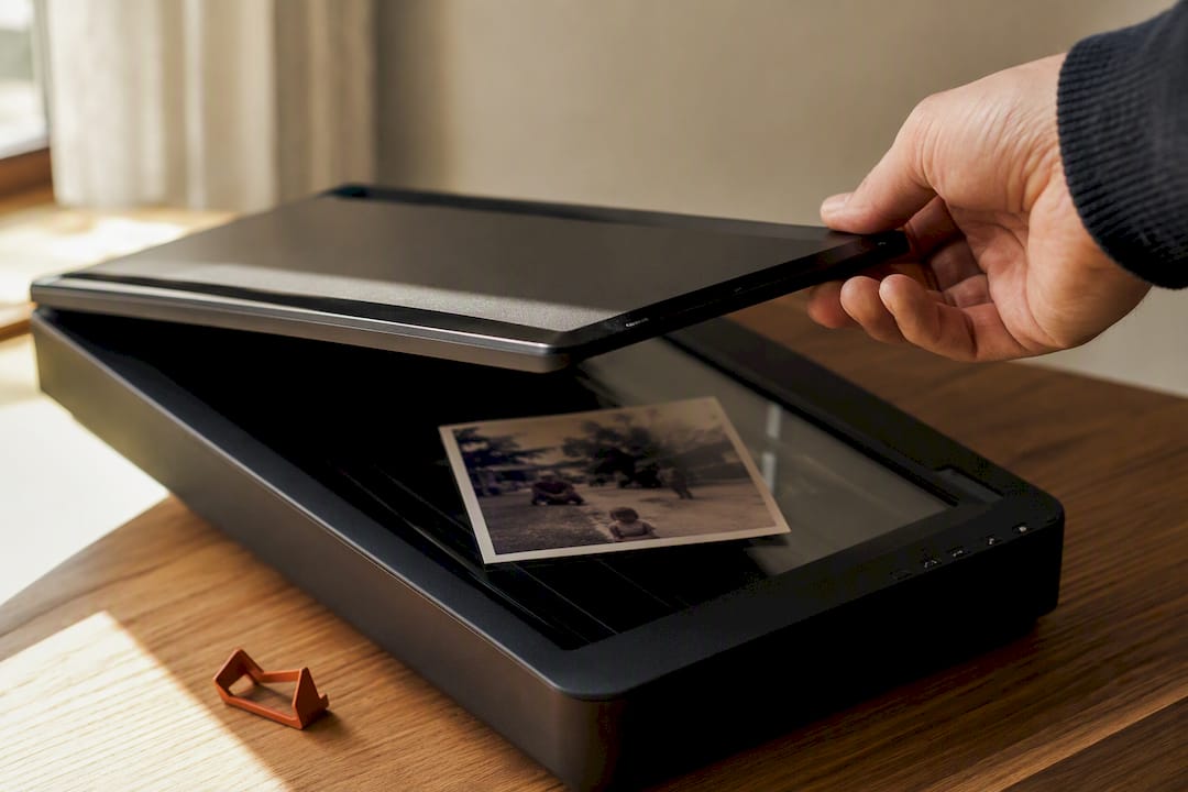 A hand lifts the lid of a flatbed scanner over a family print on the kitchen table