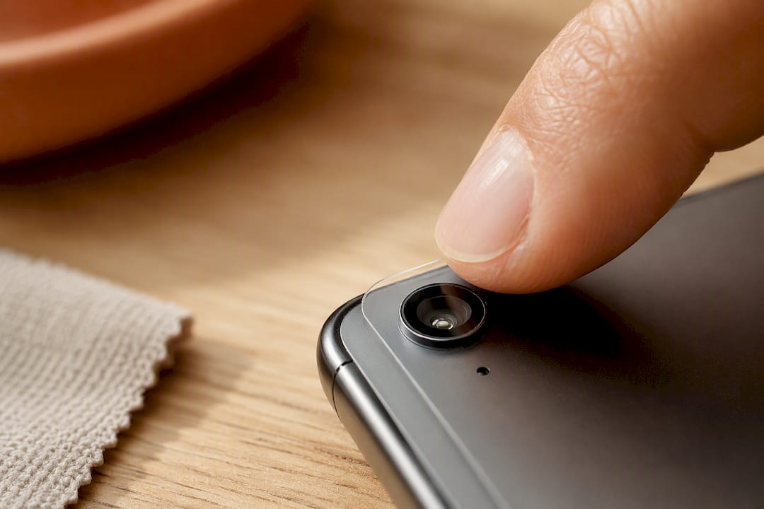 A finger checks the protective film over a smartphone camera lens