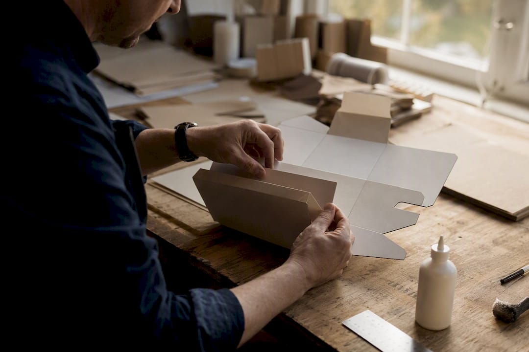 Hands folding auto bottom carton on workbench