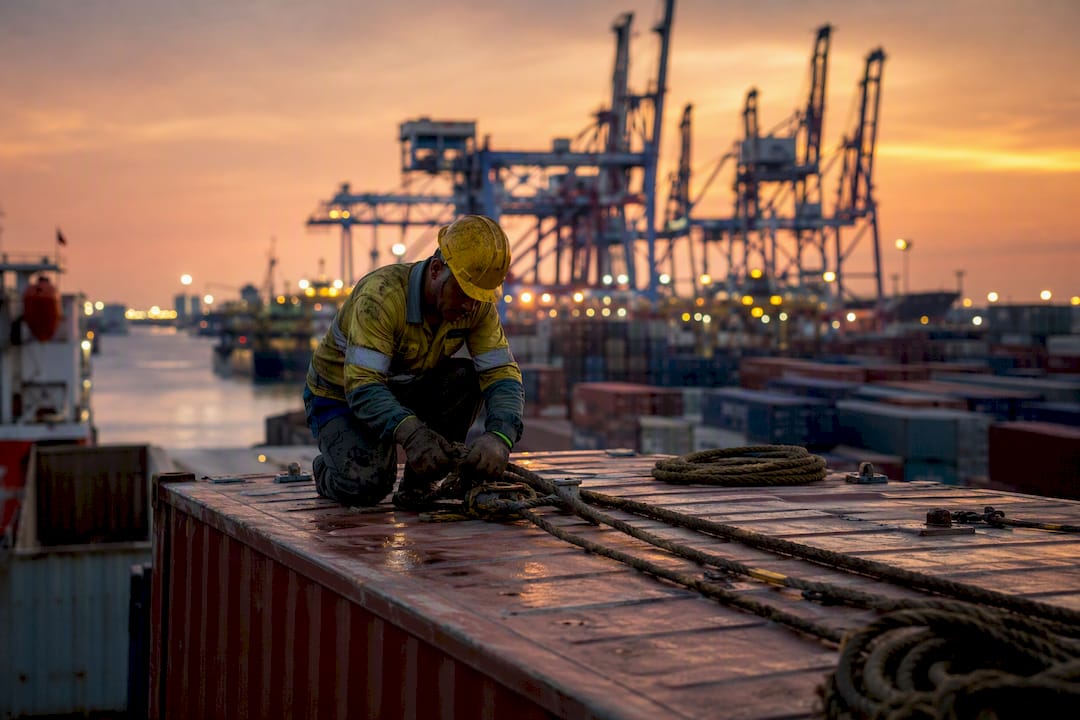 Dockworker securing shipping container rope