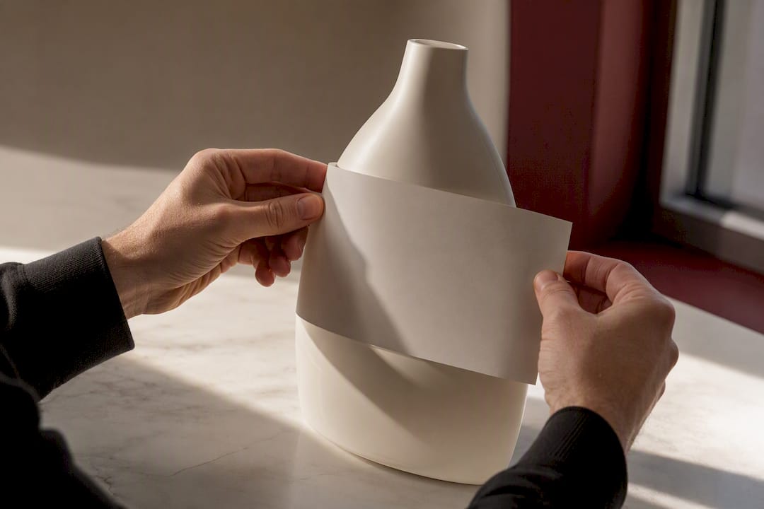 Hands wrapping a label sample around a curve