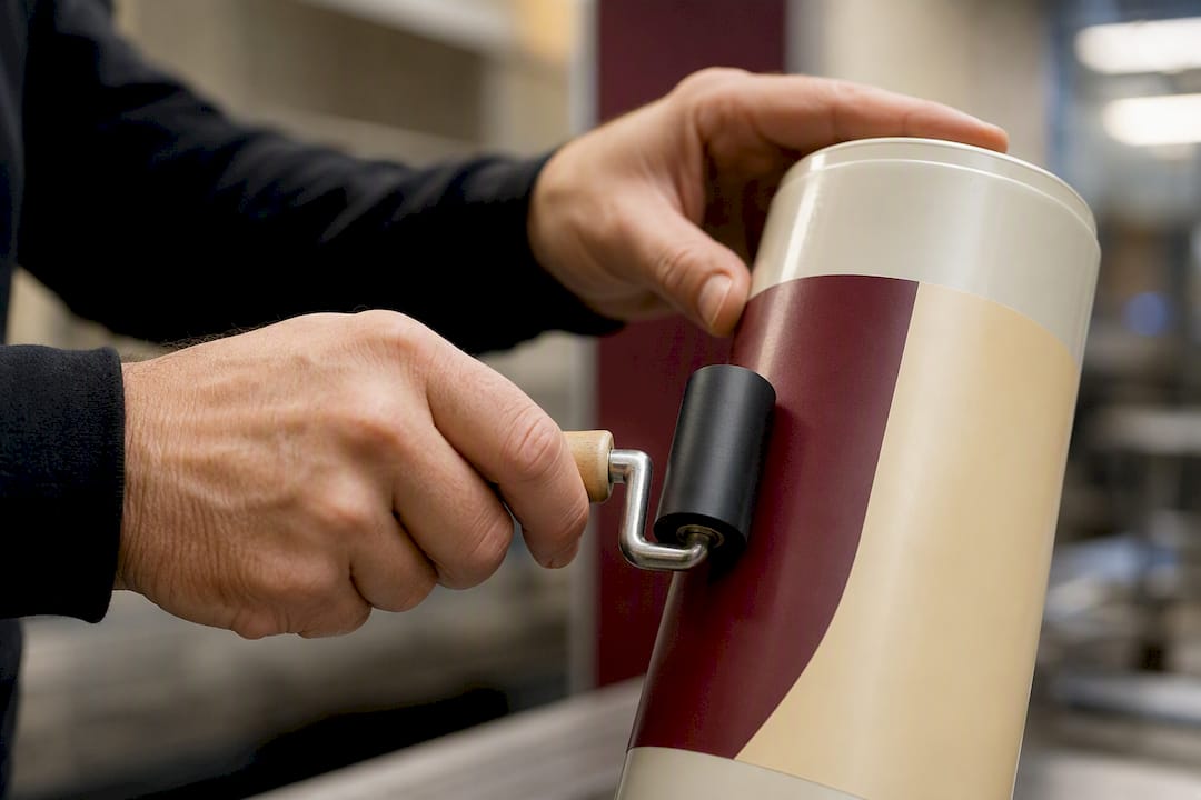Roller smoothing a label onto a curved container
