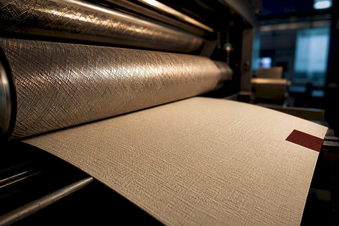Linen paper passing through embossing rollers
