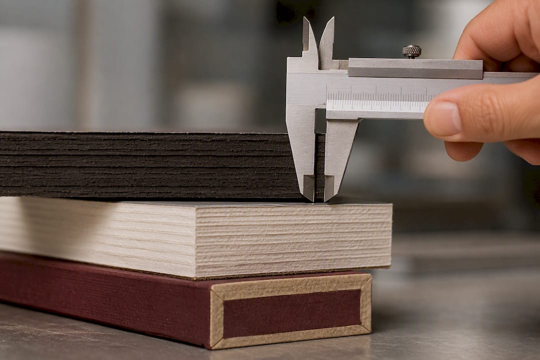 Caliper measuring stacked paperboard edges