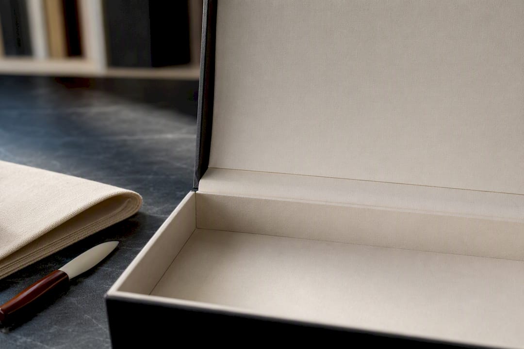 Contrasting paper lining inside rigid box