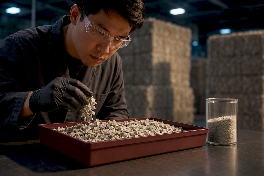 Technician inspecting recycled packaging materials