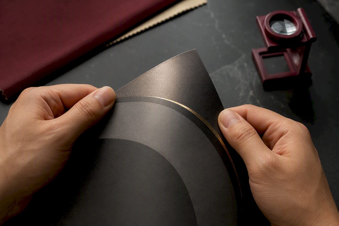 Hands testing laminated packaging board finish