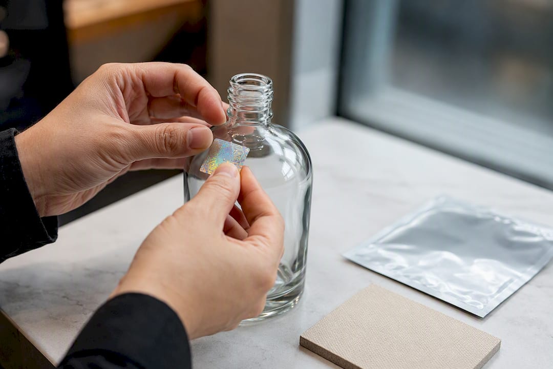 Technician testing label adhesion on substrates