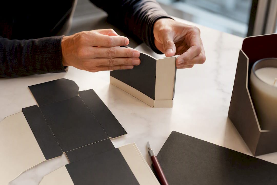 Cropped candle carton prototype on design table